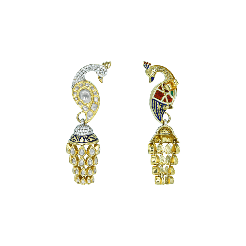 Peacock Polki Earrings with Cascading Drops